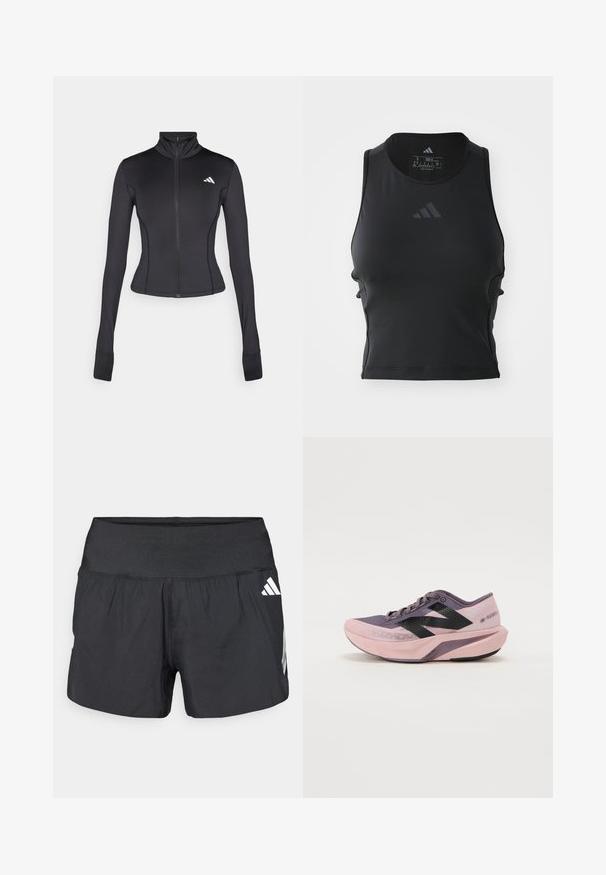 Black fitted zip-up jacket made of stretchy fabric, featuring long sleeves, a stand-up collar, and a small logo on the left chest.; Black cropped fitness tank top made of smooth, stretchy fabric; features a round neckline and a small, reflective logo on the front.; Black athletic shorts featuring a wide elastic waistband, lightweight fabric, and white logo accents on the lower side.; Lightweight running shoe with a pink and purple gradient design. Features breathable mesh upper, black accents, and cushioned sole.