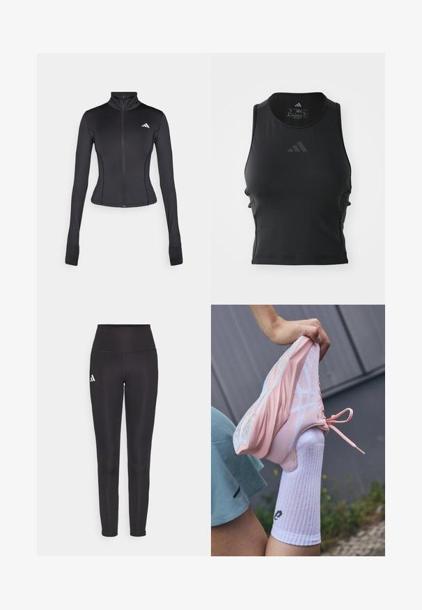 Czarna dopasowana kurtka zapinana na zamek, wykonana z elastycznego materiału, z długimi rękawami, stójką i małym logo na lewej piersi.; Czarny krótki top fitness wykonany z gładkiego, elastycznego materiału; posiada okrągły dekolt i małe, odblaskowe logo z przodu.; Czarne legginsy o wysokim stanie, wykonane z elastycznej tkaniny. Posiadają białe logo po lewej stronie oraz elegancki, bezszwowy design. Gładka tekstura.; Jasnoróżowy but sportowy z siateczkowymi i solidnymi wstawkami, podwyższoną podeszwą i białymi akcentami, zestawiony z białą, prążkowaną skarpetą z logo.