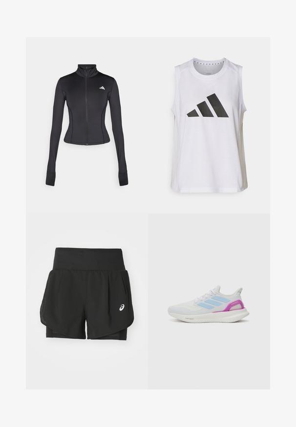 Črna prilegajoča se zip-up jakna iz raztegljivega materiala, z dolgimi rokavi, pokončnim ovratnikom in majhnim logotipom na levem prsnem košu.; Bela brezrokavna športna majica s krožnim izrezom, ki na sprednji strani vsebuje velik črn Adidas logotip, sestavljen iz treh črt.; Črne atletske kratke hlače z zračnim mrežastim pregrinjalom, notranjimi hlačami z gladko teksturo in belim logotipom na levi strani.; adidas Performance PUREBOOST 5 - Tekaški copati za cesto - white/glow blue/purple burst