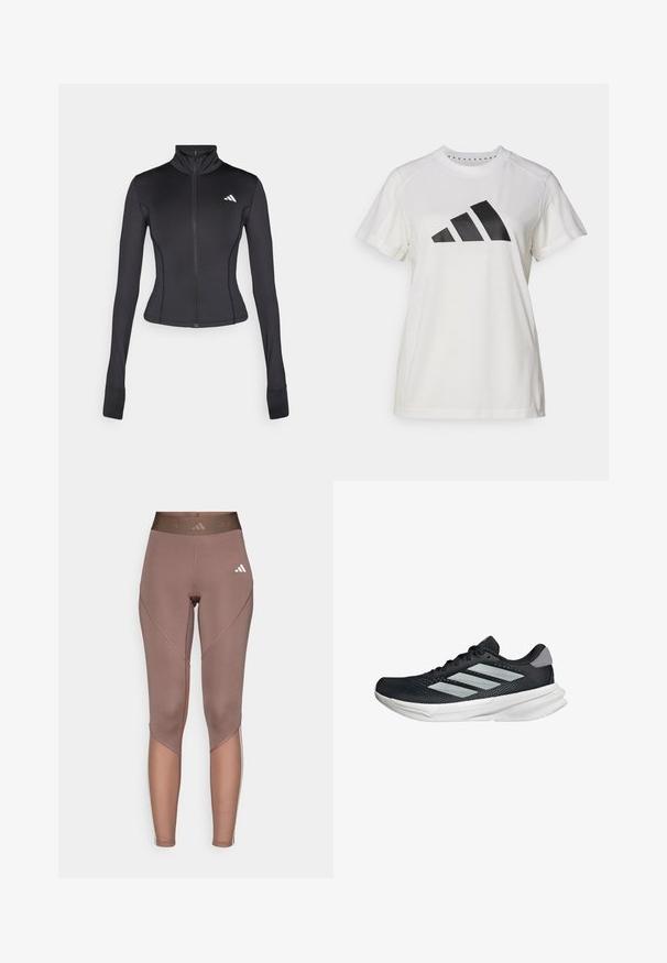 Chaqueta negra ajustada con cremallera hecha de tejido elástico, con mangas largas, cuello alto y un pequeño logo en el lado izquierdo del pecho.; Camiseta atlética blanca de tejido suave. Presenta mangas cortas y un gran logotipo negro de Adidas con tres rayas debajo.; Leggings marrones con una cinturilla alta, hechos de tejido elástico, con acentos de costura diagonal y un sutil detalle de logo en blanco.; Zapatilla de correr negra con parte superior de malla, tres franjas plateadas, media suela blanca y suela texturizada. Incluye un cuello acolchado y cierre de cordones.