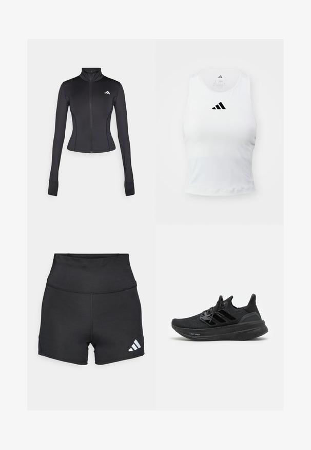 Veste de sport noire ajustée à fermeture éclair, fabriquée en tissu extensible, dotée de manches longues, d'un col montant et d'un petit logo sur la poitrine gauche.; Débardeur de sport blanc avec un design ajusté, arborant un logo Adidas noir centré sur la poitrine et un tissu doux qui évacue l'humidité.; adidas Performance Leggings - black; Baskets de sport noires avec une tige en tricot respirant, un design texturé, les trois bandes emblématiques et une semelle épaisse et rembourrée portant l'étiquette "LIGHT BOOST".