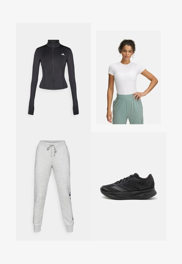 Black fitted zip-up jacket made of stretchy fabric, featuring long sleeves, a stand-up collar, and a small logo on the left chest.; White fitted t-shirt with short sleeves, paired with light green elastic waistband pants. Smooth texture, minimalist design, and no visible patterns.; Gray cotton sweatpants with a drawstring waistband, fitted cuffs, and a navy logo printed on the left side. Smooth, soft texture.; Black running shoe with a breathable mesh upper, rounded toe, sleek design, textured accents, and a cushioned sole for comfort.