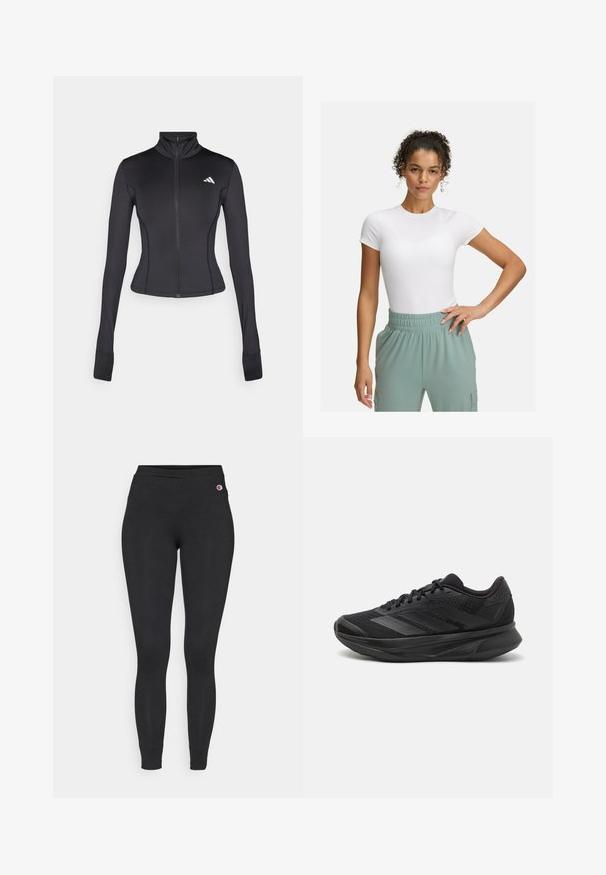 Giacca nera aderente con zip, realizzata in tessuto elastico, con maniche lunghe, colletto alto e un piccolo logo sul lato sinistro del petto.; T-shirt bianca aderente con maniche corte, abbinata a pantaloni con elastico in vita di colore verde chiaro. Texture liscia, design minimalista e nessun motivo visibile.; Leggings neri aderenti con vita elasticizzata, caratterizzati da un piccolo logo Champion sulla parte superiore dell'anca sinistra.; Scarpa da corsa nera con tomaia in rete traspirante, punta rotonda, design elegante, dettagli testurizzati e suola ammortizzata per il comfort.