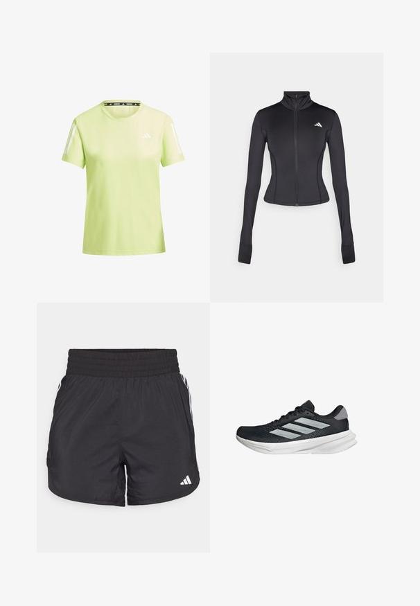 Black fitted zip-up jacket made of stretchy fabric, featuring long sleeves, a stand-up collar, and a small logo on the left chest.; Light green athletic t-shirt made from breathable material. Features white stripes on sleeves and a black "RUNNING" label on the neckline.; Black athletic shorts with an elastic waistband, side pockets, and white stripe accents on the sides. Made of lightweight material.; Black running shoe with mesh upper, three silver stripes, white midsole, and textured outsole. Features padded collar and lace closure.