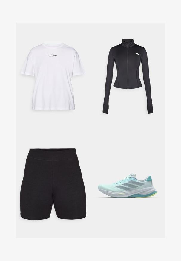 Must värviga, kehaümaraks lõigatud, lukuga jakk, mis on valmistatud venivast kangast. Jakil on pikad varrukad, püsti krae ja väike logo vasakul rinnal.; Valge puuvillane t-särk lühikeste varrukatega, ümar kaelus ja musta trükiga tekst ees, mis ütleb "ONLY PLAY ATHLEISURE".; Mustad mustad jalgrattapüksid kõrge vöökohaga, valmistatud elastsetest, pehmest kangast. Omab lameõmblusi ja sujuvat tekstuuri mugavuseks.; Heledad sinised jooksujalatseid, millel on võrkkangas, hallid aktsenttriibud ja pehmendusega valge tald, millel on roheline aluskiht.