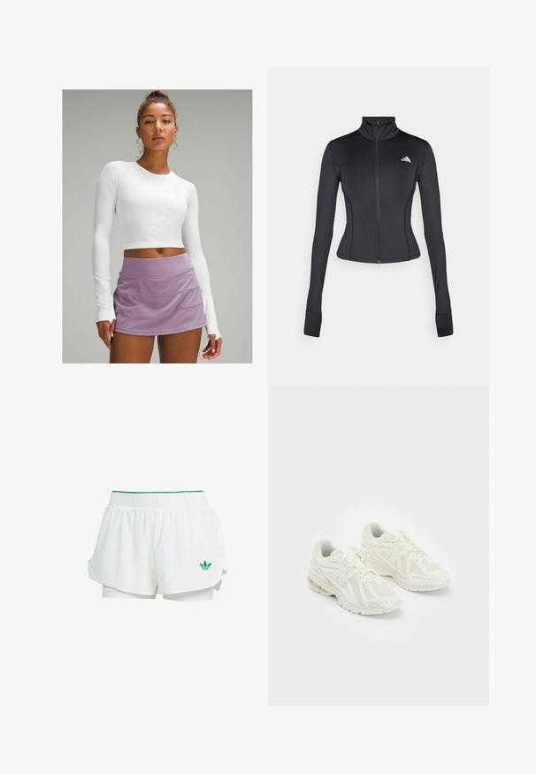 Must värviga, kehaümaraks lõigatud, lukuga jakk, mis on valmistatud venivast kangast. Jakil on pikad varrukad, püsti krae ja väike logo vasakul rinnal.; Valge pika varrukaga lühike topp tekstureeritud kangast, millele on kombineeritud lavendlitoonis kihiline sportlik seelik. Sile ja hästi istuv disain, ilma nähtavate mustriteta.; Valged sportlikud lühikesed püksid kihilise disainiga, elastne vöökoht, rohelised aktsendid ja väike roheline logo vasakul alumisel küljel.; Valged treeningjalatsid, mis on valmistatud võrgust ja sünteetilistest materjalidest, paeltega disain, pehmendatud krae ja tekstuuriga tallad haardeks. Kerge konstruktsioon.