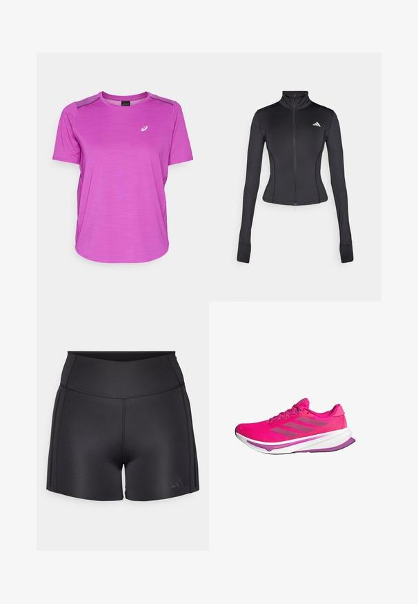 Čierna priliehavá bundová s kapucňou, vyrobená z elastického materiálu, s dlhými rukávmi, stojatým golierom a malým logom na ľavom hrudníku.; ASICS ROAD TOP - Športové tričko - bold magenta; Čierne atletické šortky vyrobené z pružného materiálu, so širokým pásom, plochými švami a decentným logom Adidas v dolnom rohu.; Ružové bežecké topánky s priehľadným zvrškom, bielou medzipodrážkou a fialovými akcentmi. Tri šedé pruhy po boku a zakrivený dizajn podrážky.