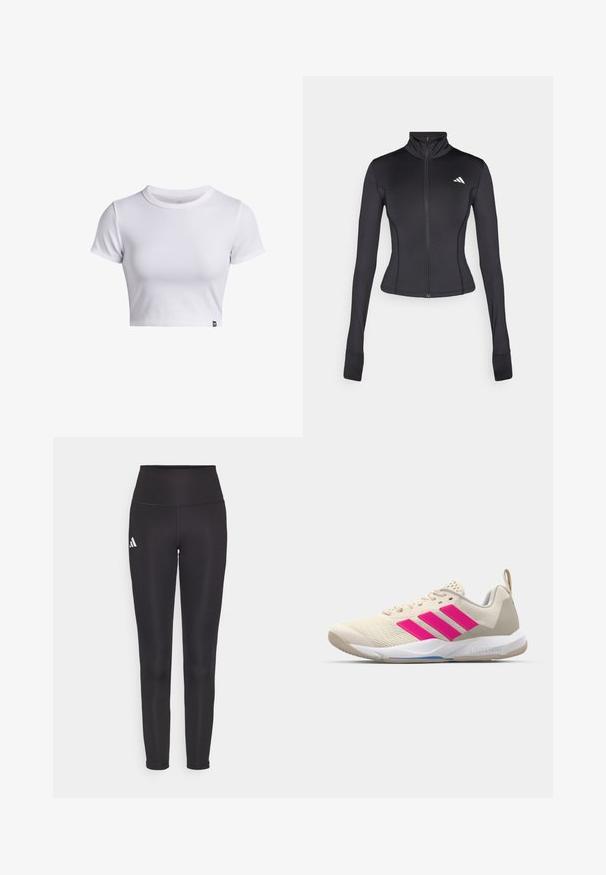 Svart figurnära zip-up-jacka i stretchigt tyg, med långa ärmar, ståkrage och en liten logotyp på vänster bröst.; Vit ribbad kortärmad cropped t-shirt med rund hals och liten svart logotag vid nederkanten.; Svart höga leggings gjorda av elastisk tyg. Har en vit logotyp på vänster sida och en slank, sömlös design. Slät textur.; Beige idrottssko med rosa tre-stripes logotyp, texturerad meshöverdel, vadderad krage och vit gummisula, med "LIGHTSTRIKE"-branding.