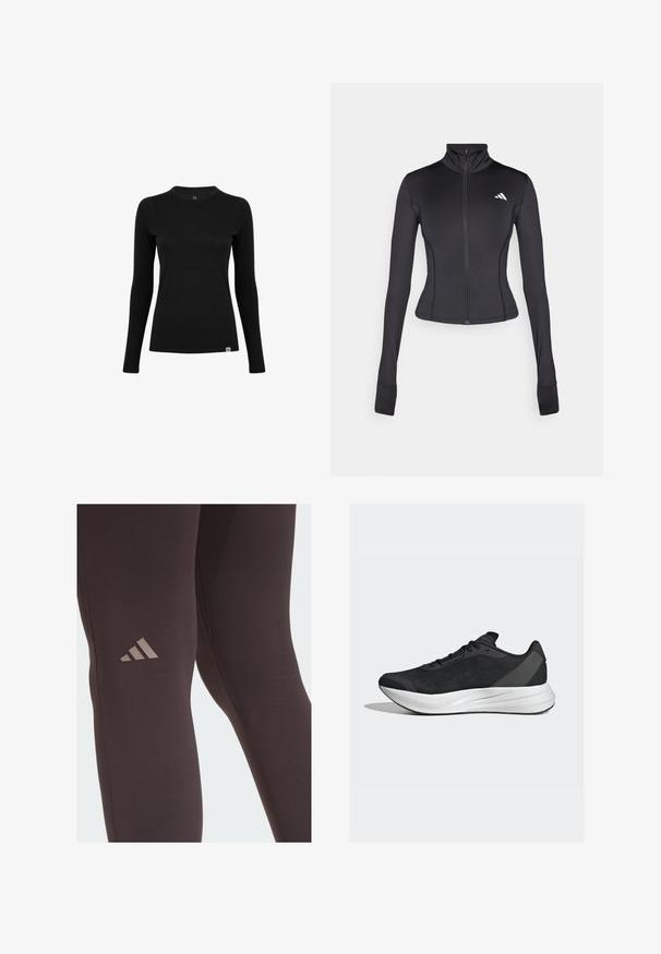 Černá přiléhavá bunda na zip vyrobená z elastické látky, s dlouhými rukávy, stojáčkovým límcem a malým logem na levé hrudi.; Černé tričko s dlouhým rukávem vyrobené z hladké látky s kulatým výstřihem. Na spodním levém rohu je jemná logo štítek. Minimalistický design.; Černé sportovní legíny s hladkou texturou, na stehně s jemným hnědým logem Adidas a s vyztuženými švy.; adidas Performance DURAMO SPEED - Silniční běžecké boty - black