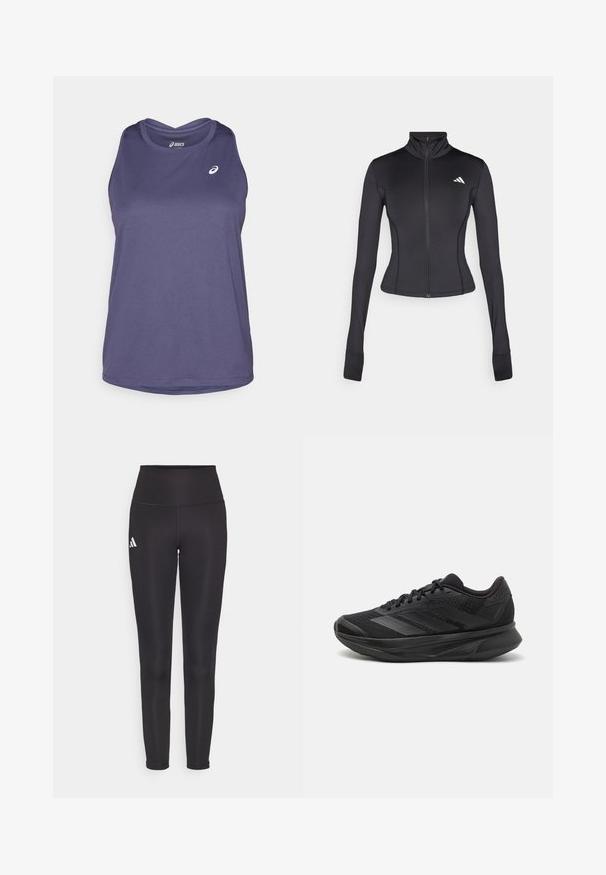 Black fitted zip-up jacket made of stretchy fabric, featuring long sleeves, a stand-up collar, and a small logo on the left chest.; Purple sleeveless athletic top made of lightweight fabric, featuring a rounded neckline and subtle branded logo on the front.; Black high-waisted leggings made of stretchy fabric. Features a white logo on the left side and sleek, seamless design. Smooth texture.; Black running shoe with a breathable mesh upper, rounded toe, sleek design, textured accents, and a cushioned sole for comfort.