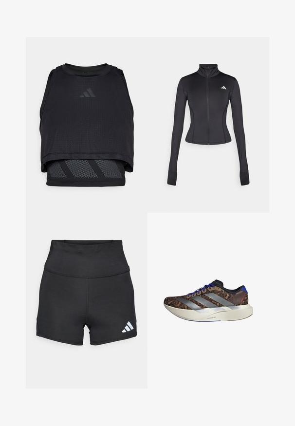Fekete, testhezálló, cipzáros dzseki, rugalmas anyagból, hosszú ujjaival, felálló gallérral és kis logóval a bal mellen.; Fekete sportos crop top, hálós kialakítással, kerek nyakkivágással és szürke átlós csíkokkal ellátott réteges alsó résszel. Texturált, légáteresztő anyag.; adidas Performance Leggingek - black; Barna leopárdmintás felső résszel, ezüst csíkokkal, kék részletekkel és "LIGHTSTRIKE PRO" felirattal ellátott fehér középtalppal rendelkező futócipő. Könnyű kialakítás.