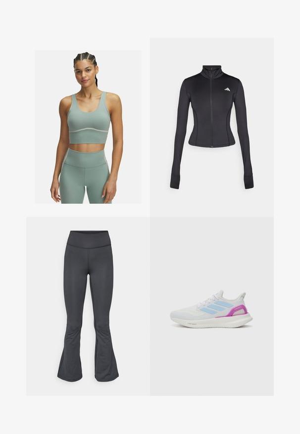 Mustat, tiukkaa istuvuutta omaava vetoketjullinen takki, joka on valmistettu joustavasta kankaasta. Takissa on pitkät hihat, seisova kaulus ja pieni logo vasemmassa rinnassa.; Vihreä urheiluliivi, jossa on mukautuva muotoilu, leveät hihnat ja sileä pinta. Lisäksi siinä on kontrastoivia valkoisia saumoja alaosassa.; Harmaat legginsit, joissa on leveä alaosa, valmistettu sileästä ja joustavasta materiaalista, korkea vyötärö ja saumatonta rakennetta.; adidas Performance PUREBOOST 5 - Katujuoksukengät - white/glow blue/purple burst