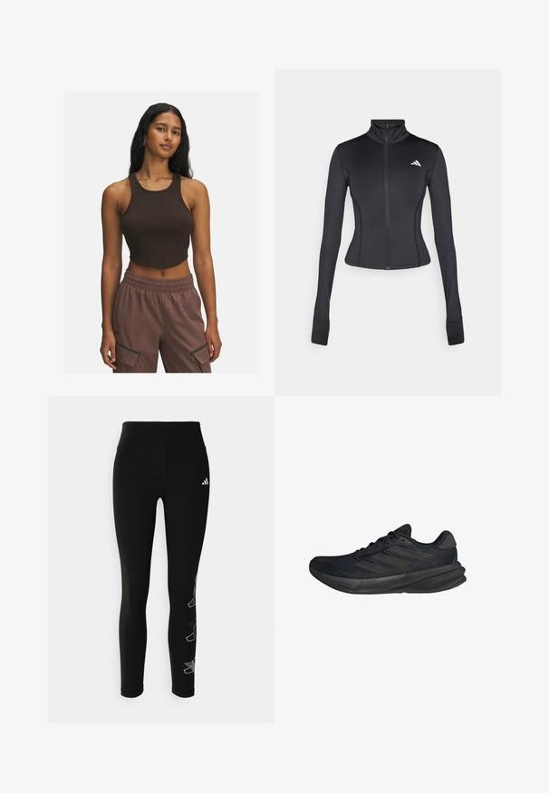 Giacca nera aderente con zip, realizzata in tessuto elastico, con maniche lunghe, colletto alto e un piccolo logo sul lato sinistro del petto.; Top corto a coste marrone con scollatura tonda e cuciture minime, abbinato a pantaloni marroni chiari con tasche laterali e cintura elastica.; Leggings neri realizzati in materiale elastico, con vita alta e un logo riflettente sull'anca, accompagnati da un design geometrico accento sulla gamba.; Scarpe sportive nere con tomaia in rete, forma aerodinamica, suola piatta e tre strisce diagonali sui lati. Design leggero per il massimo comfort.
