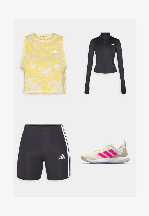Črna prilegajoča se zip-up jakna iz raztegljivega materiala, z dolgimi rokavi, pokončnim ovratnikom in majhnim logotipom na levem prsnem košu.; Rumena brezrokavna majica s kratkim krojem z abstraktnim belim vzorcem, okroglim izrezom in diskretnim belim logotipom na sprednji strani. Mehka tekstura tkanine.; Črne športne hlače iz raztegljivega materiala, z belimi stranskimi črtami in logotipom Adidas na spodnjem desnem delu noge. Gladka tekstura.; Bežni atletski čevlji z rožnatim logotipom s tremi črtami, teksturiran zgornji del iz mrežaste tkanine, oblazinjen ovratnik in bel gumijast podplat, ki nosi blagovno znamko "LIGHTSTRIKE".