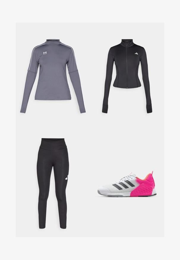 Must värviga, kehaümaraks lõigatud, lukuga jakk, mis on valmistatud venivast kangast. Jakil on pikad varrukad, püsti krae ja väike logo vasakul rinnal.; Hallitusmanžettidega hall sportlik särk, millel on valged dekoratiivelemendid õlgadel ja vasakul rinnal Under Armouri logo. Materjal on sile.; Mustad kõrge talje ja mustad legginsid, mis on valmistatud sujuvast ja venivast kangast. Vasakul poolel on valge logo. Üksik disain, ilma mustriteta.; Valge spordijalanõud hallide triipudega, sissetõmmatav ülemine osa ja roosa kanna ning aktsendid. Omab tekstureeritud kannaosa ja kummist väljaviset. Sidumispaelad ja pehmendusega kaelus.