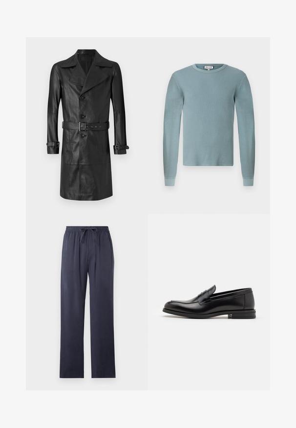 Manteau en cuir noir avec un devant croisé, grand col, taille ceinturée et brides aux poignets. Texture lisse, design jusqu'aux genoux.; Chemise à manches longues bleu clair avec une texture côtelée et un col rond. Présente des poignets ajustés et une étiquette de marque simple sur le col.; Pantalons bleu marine, amples, en tissu doux avec une taille élastique et un cordon de serrage ajustable. Jambes droites, sans poches.; Mocassins en cuir noir avec une texture lisse, bout rond et une sangle décorative sur le dessus. Talon bas empilé, design minimaliste.