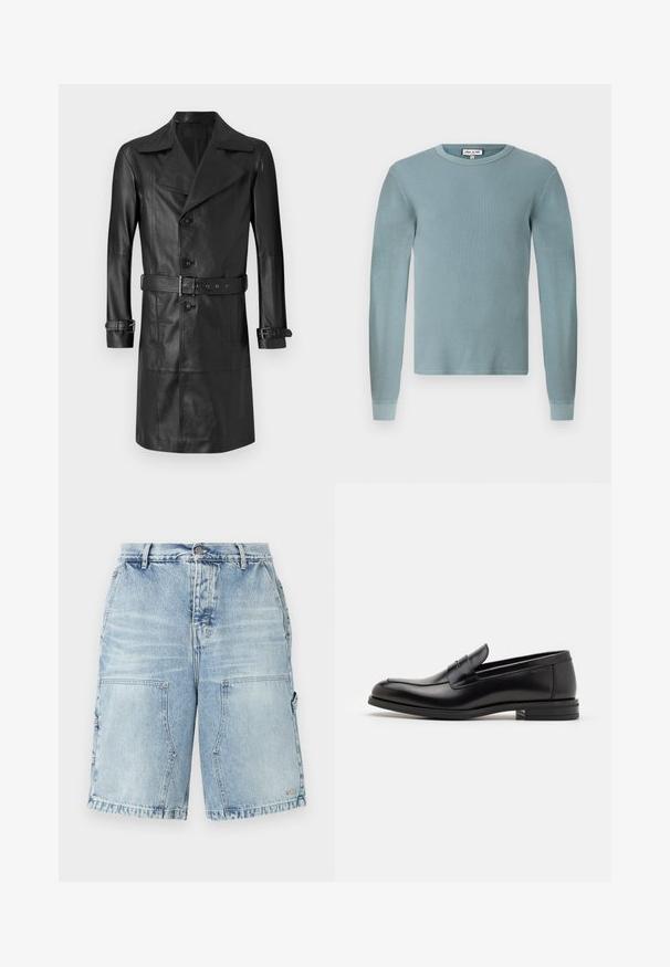 Czarny skórzany płaszcz trench z podwójnym zapięciem, dużym kołnierzem, paskiem w talii i paskami przy mankietach. Gładka faktura, długość do kolan.; Jasnoniebieska koszula z długim rękawem o prążkowanej teksturze i okrągłym dekolcie. Posiada dopasowane mankiety oraz prostą metkę z logo na kołnierzyku.; Jasnoniebieskie szorty dżinsowe o luźnym kroju, z dwoma przednimi kieszeniami i dodatkowymi kieszeniami po bokach. Zniszczona faktura na całej powierzchni.; Czarne skórzane mokasyny o gładkiej fakturze, zaokrąglonym nosku i dekoracyjnym pasku na przodzie. Niski, warstwowy obcas, minimalistyczny design.