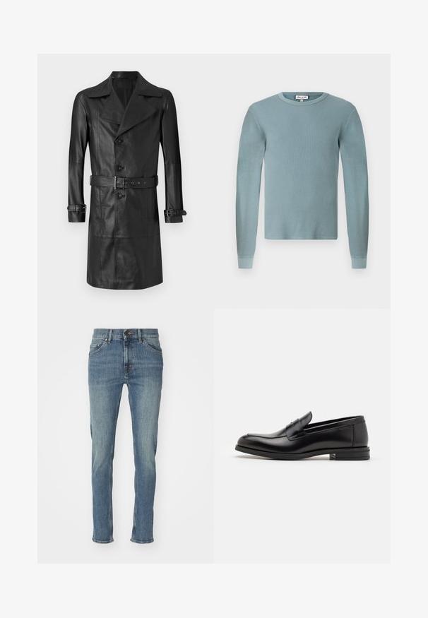 Abrigo trench de cuero negro con un frente de doble botonadura, gran cuello, cintura ceñida por un cinturón y correas en los puños. Textura suave, diseño hasta la rodilla.; Camisa de manga larga de color azul claro con textura acanalada y escote redondo. Presenta puños ajustados y una etiqueta de marca sencilla en el cuello.; Jeans de mezclilla azul claro con corte recto, que presentan una cremallera, diseño de cinco bolsillos y un desvanecimiento sutil a lo largo de las piernas.; Mocasines de cuero negro con una textura suave, puntera redondeada y una tira decorativa en el empeine. Tacón bajo apilado, diseño minimalista.