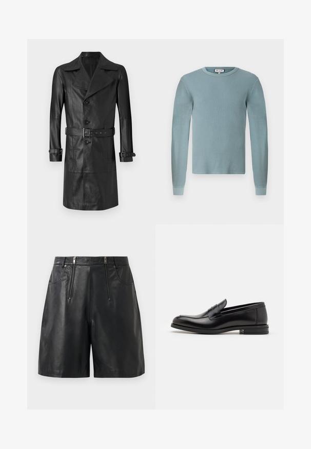 Abrigo trench de cuero negro con un frente de doble botonadura, gran cuello, cintura ceñida por un cinturón y correas en los puños. Textura suave, diseño hasta la rodilla.; Camisa de manga larga de color azul claro con textura acanalada y escote redondo. Presenta puños ajustados y una etiqueta de marca sencilla en el cuello.; Pantalones cortos de cuero sintético negro con dos bolsillos delanteros verticales con cremallera y presillas para cinturón, exhibidos sobre un fondo blanco.; Mocasines de cuero negro con una textura suave, puntera redondeada y una tira decorativa en el empeine. Tacón bajo apilado, diseño minimalista.