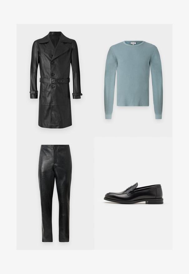Black leather trench coat with a double-breasted front, large collar, belted waist, and cuff straps. Smooth texture, knee-length design.; Light blue long-sleeve shirt with a ribbed texture and a round neckline. Features fitted cuffs and a simple branded label on the collar.; Black faux leather pants with a subtle crocodile texture, straight leg cut, and high waist, displayed against a plain white background.; Black leather loafers with a smooth texture, rounded toe, and a decorative strap across the vamp. Low stacked heel, minimalist design.