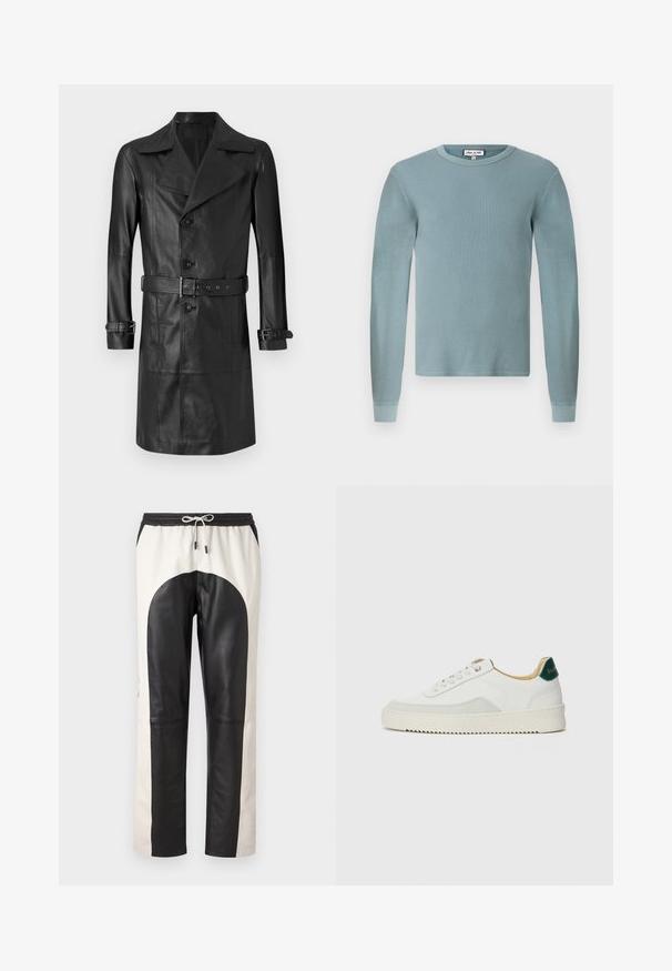Mustast nahast trench coat, millel on kahekordne eesmine nööpide rida, suur krae, vöökoht ning mansettide rihmad. Sile tekstuur, põlvepikkune disain.; Helesinise sinine pika varrukaga särk, millel on ribakujundus ja ümmargune kaelus. Omab kinnitatud mansette ja lihtsat brändi silt kaeluses.; Mustard ja kreemja värvusega püksid, millel on lõdva sobivus, elastne vöökoht koos nööriga ning nahast ja kangast materjalide segu.; Valged tennisjalanõud, millel on sametised aktsendid, ümar varvas, lame nöörid ja kreemjas kummine põhja. Hästi nähtav roheline bränding kannal.