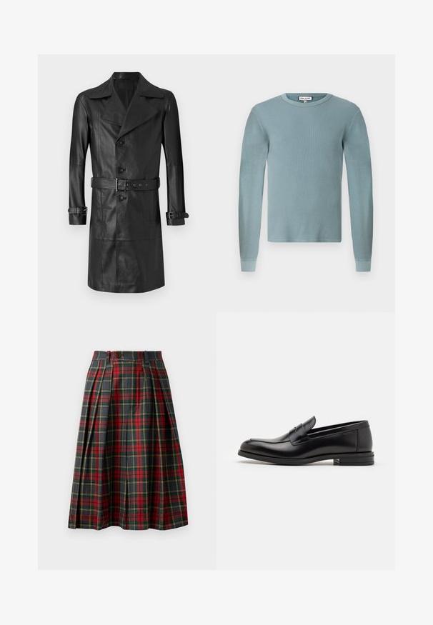 Čierny kožený plášť s dvojradovým zapínaním, veľkým golierom, opaskom v páse a popruhmi na manžetách. Hladká textura, dizajn do dĺžky kolien.; Svetlomodrá košeľa s dlhým rukávom, s ryhovanou textúrou a okrúhlym výstrihom. Má priliehajúce manžety a jednoduchú značkovú etiketu na golieri.; Kilt so vzorom tartan, s plisovaním, prevažne červený a čierny vzor s žltými a zelenými akcentmi, vysoký pás s gombíkovým zapínaním.; Čierne kožené mokasíny s hladkou textúrou, zaoblenou špičkou a dekoračným pásikom cez priehlavok. Nízky vrstvený opätok, minimalistický dizajn.