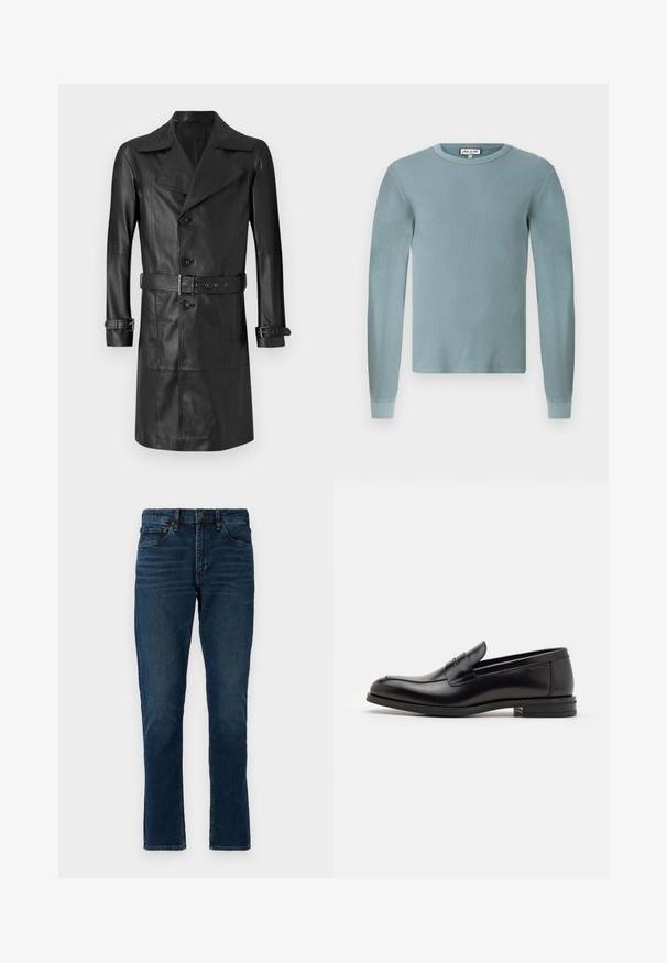 Black leather trench coat with a double-breasted front, large collar, belted waist, and cuff straps. Smooth texture, knee-length design.; Light blue long-sleeve shirt with a ribbed texture and a round neckline. Features fitted cuffs and a simple branded label on the collar.; Dark blue denim jeans with straight cut, five pockets, belt loops, and subtle fading details. Stitched seams and a button fly closure.; Black leather loafers with a smooth texture, rounded toe, and a decorative strap across the vamp. Low stacked heel, minimalist design.