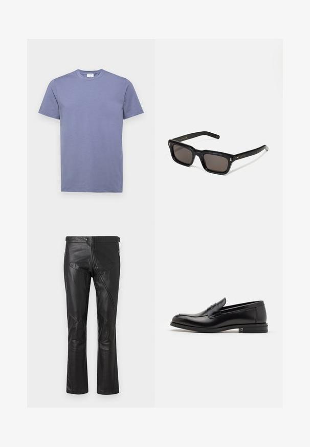 Crni kožni trench kaput s dvostrukim kopčanjem sprijeda, velikim ovratnikom, remenom u struku i remenčićima na rukavima. Glatka tekstura, dizajn dužine do koljena.; Filippa K TEE - Osnovna majica kratkih rukava - grey blue; Crne kožne hlače ravnog kroja, s patentnim zatvaračima na džepovima, ušivenim zakrpama na koljenima i podesivim detaljima na struku. Glatka tekstura.; Crni kožni mokasini s glatkom teksturom, zaobljenim prstima i ukrasnom trakom preko prednjeg dijela. Niski slojeviti potplat, minimalistički dizajn.; Crne pravokutne sunčane naočale s tamnim lećama, debelim plastičnim okvirom, zlatnim akcentima na sljepoočnicama i logotipom marke ugraviranim na dršku.
