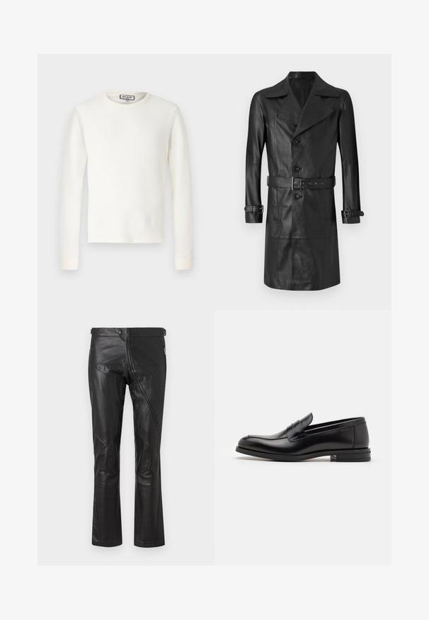 Black leather trench coat with a double-breasted front, large collar, belted waist, and cuff straps. Smooth texture, knee-length design.; White long-sleeve thermal top with a ribbed texture, crew neck, and banded cuffs. Clean design with no patterns or additional accents.; Black leather pants with a straight-leg design, featuring zippered pockets, knee patches, and adjustable waist details. Smooth texture.; Black leather loafers with a smooth texture, rounded toe, and a decorative strap across the vamp. Low stacked heel, minimalist design.