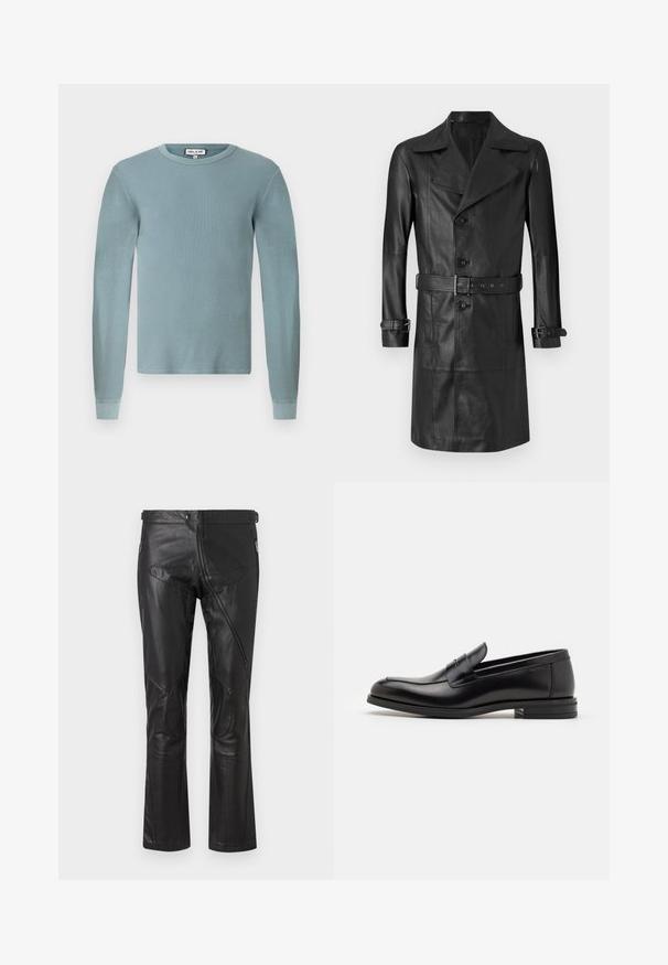 Zwarte leren trenchcoat met een dubbelzijdige voorkant, grote kraag, ceintuur in de taille en manchetten met banden. Gladde textuur, knielange design.; Lichtblauw langemouwen shirt met een ribbeltextuur en een ronde halslijn. Heeft fitted manchetten en een eenvoudig merketiket op de kraag.; Zwarte leren broeken met een rechte pasvorm, voorzien van ritszakken, kniestukken en verstelbare taille details. Glad textuur.; Zwarte leren instappers met een gladde textuur, ronde neus en een decoratieve band over de wreef. Lage, gestapelde hak en minimalistisch ontwerp.
