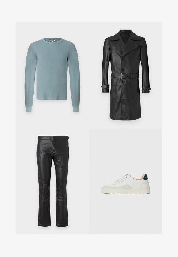 Čierny kožený plášť s dvojradovým zapínaním, veľkým golierom, opaskom v páse a popruhmi na manžetách. Hladká textura, dizajn do dĺžky kolien.; Svetlomodrá košeľa s dlhým rukávom, s ryhovanou textúrou a okrúhlym výstrihom. Má priliehajúce manžety a jednoduchú značkovú etiketu na golieri.; Čierne kožené nohavice so strihom rovného nohu, vybavené zipsovými vreckami, kolennými záplatami a nastaviteľnými detailmi v páse. Hladká textúra.; Biele tenisky s semišovými akcentmi, zaoblenou špičkou, plochými šnúrkami a krémovou gumovou podrážkou. Na päte sú zelené značky.