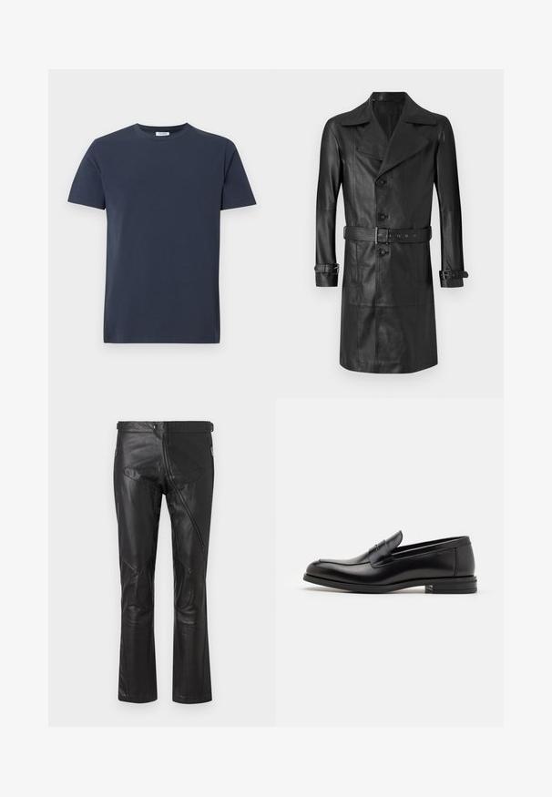 Crni kožni trench kaput s dvostrukim kopčanjem sprijeda, velikim ovratnikom, remenom u struku i remenčićima na rukavima. Glatka tekstura, dizajn dužine do koljena.; Tamno plava majica s kratkim rukavima izrađena od pamuka. Ima okrugli izrez i jednostavnu, glatku teksturu bez vidljivih uzoraka ili naglasaka.; Crne kožne hlače ravnog kroja, s patentnim zatvaračima na džepovima, ušivenim zakrpama na koljenima i podesivim detaljima na struku. Glatka tekstura.; Crni kožni mokasini s glatkom teksturom, zaobljenim prstima i ukrasnom trakom preko prednjeg dijela. Niski slojeviti potplat, minimalistički dizajn.