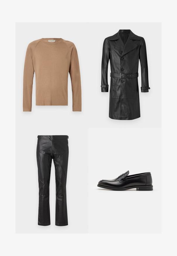 Cappotto trench in pelle nera con chiusura doppiopetto, ampio colletto, vita con cinturino e fasce ai polsi. Texture liscia, design lunghezza ginocchio.; Maglione lavorato a maglia marrone chiaro con maniche lunghe, collo rotondo e cuciture raglan. Tessuto morbido e design semplice. Senza decorazioni e versatile.; Pantaloni in pelle nera con un design a gamba dritta, dotati di tasche con zip, toppe sulle ginocchia e dettagli con vita regolabile. Texture liscia.; Mocassini neri in pelle con una texture liscia, punta arrotondata e una striscia decorativa sulla tomaia. Tacco basso impilato, design minimalista.