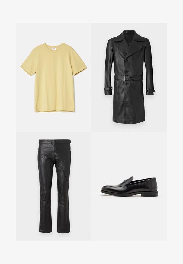Abrigo trench de cuero negro con un frente de doble botonadura, gran cuello, cintura ceñida por un cinturón y correas en los puños. Textura suave, diseño hasta la rodilla.; Camiseta amarilla de manga corta hecha de algodón suave, con cuello redondo y corte recto, sin patrones ni acentos visibles.; Pantalones de cuero negros con un diseño de pierna recta, que presentan bolsillos con cremallera, parches en las rodillas y detalles en la cintura ajustables. Textura suave.; Mocasines de cuero negro con una textura suave, puntera redondeada y una tira decorativa en el empeine. Tacón bajo apilado, diseño minimalista.