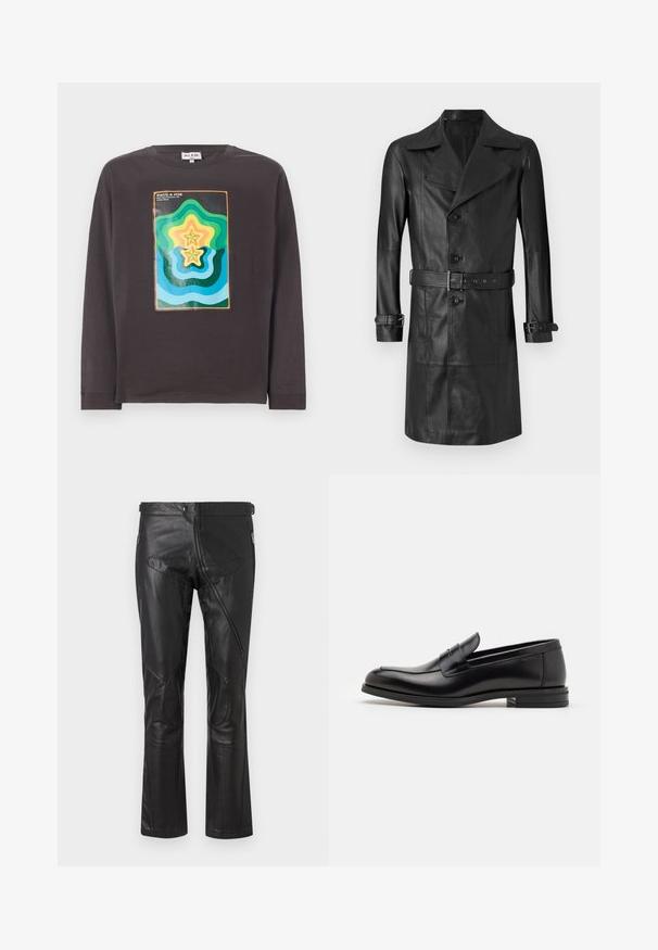 Black leather trench coat with a double-breasted front, large collar, belted waist, and cuff straps. Smooth texture, knee-length design.; Dark gray long-sleeve t-shirt featuring a colorful geometric design with waves and stars in green, blue, yellow, and orange.; Black leather pants with a straight-leg design, featuring zippered pockets, knee patches, and adjustable waist details. Smooth texture.; Black leather loafers with a smooth texture, rounded toe, and a decorative strap across the vamp. Low stacked heel, minimalist design.