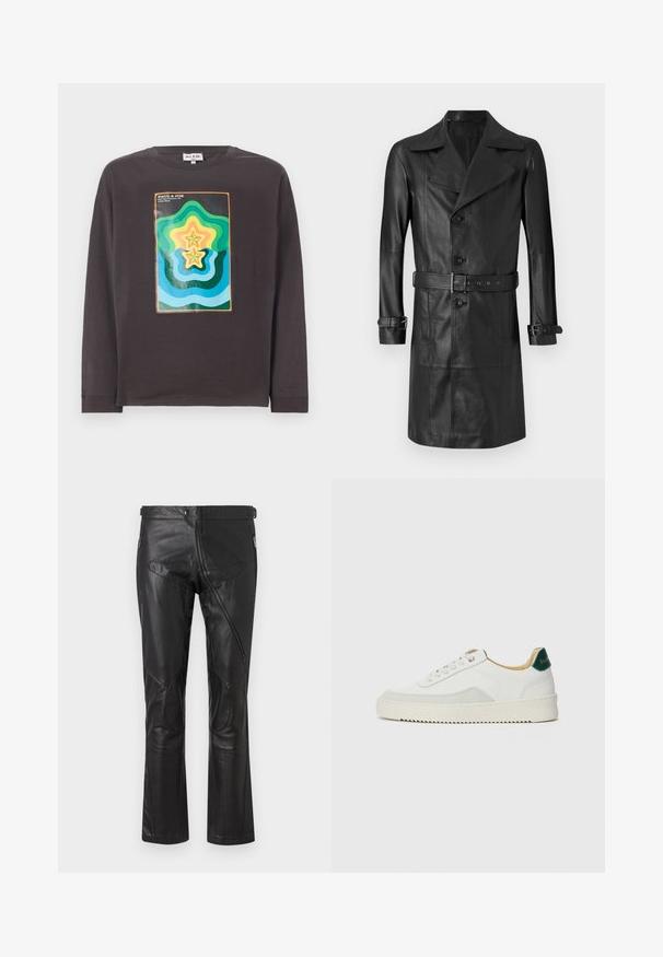 Black leather trench coat with a double-breasted front, large collar, belted waist, and cuff straps. Smooth texture, knee-length design.; Dark gray long-sleeve t-shirt featuring a colorful geometric design with waves and stars in green, blue, yellow, and orange.; Black leather pants with a straight-leg design, featuring zippered pockets, knee patches, and adjustable waist details. Smooth texture.; White sneaker with suede accents, rounded toe, flat laces, and a cream rubber sole. Features green branding on the heel.