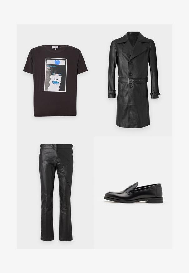 Črn usnjeni plašč s dvojno zapenjanjem spredaj, velikim ovratnikom, pasom in trakovi na manšetah. Gladka tekstura, do kolen.; Črna bombažna majica s grafičnim dizajnom ženskega obraza z modrimi ustnicami, velikimi modrimi očmi in srcem, ki je uokvirjeno v bel pravokotnik.; Črne usnjene hlače s ravnim krojem, ki vključujejo žepke na zadrgo, kolenske zaklope in nastavljive detajle na pasu. Gladka tekstura.; Črne usnjene loafer čevlje z gladko teksturo, zaobljenim nosom in dekorativnim trakom čez zgornji del. Nizka zložena peta, minimalističen dizajn.