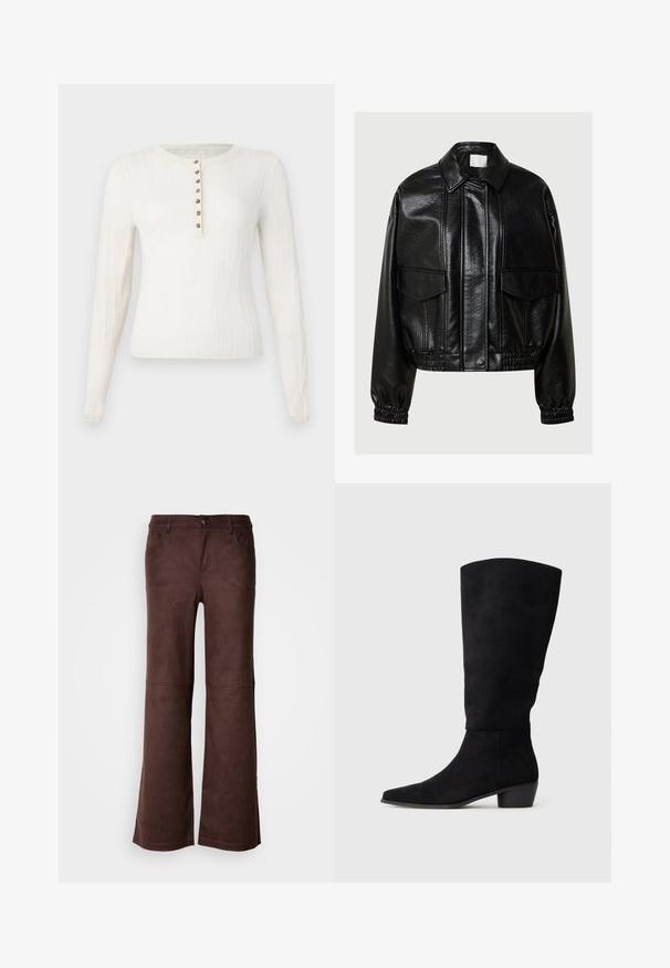 Schwarze Kunstlederjacke mit spitzem Kragen, vorderen Klapptaschen, elastischen Bündchen und elastischem Saum auf einem grauen Hintergrund.; Langärmliger cremfarbener Pullover mit gerippter Textur, runder Ausschnitt und sieben dekorativen Knöpfen auf der Vorderseite.; Braune, ausgestellte Hosen aus einem weichen, samtartigen Stoff. Verfügt über vier Taschen, einen Knopfverschluss und eine glatte, strukturierte Oberfläche.; Schwarze Wildlederkniehohe Stiefel mit niedrigem Blockabsatz und spitzem Schuh, seitlich dargestellt auf einem schlichten hellgrauen Hintergrund.