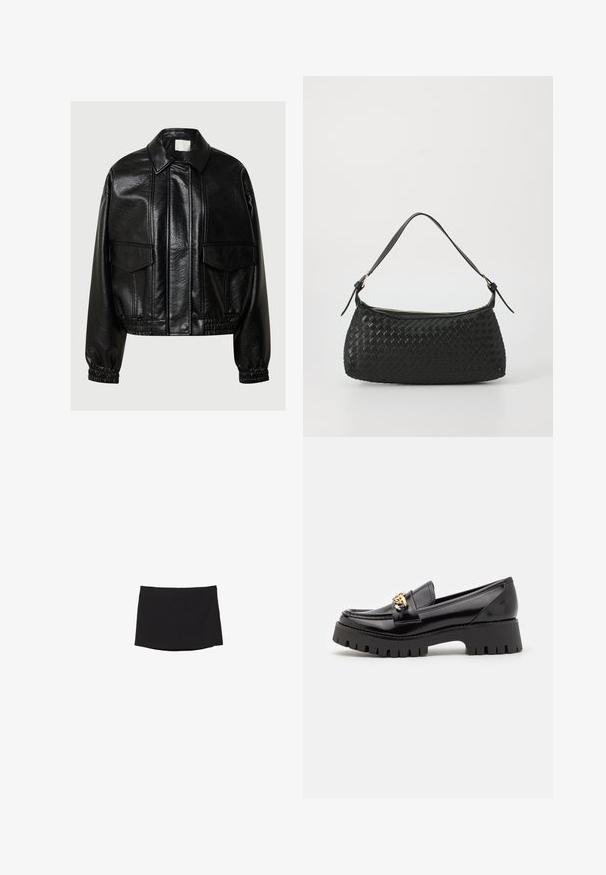 Sort kunstlæderjakke med spids krave, frontlommer med flap, elastiske manchetter og elastisk nederste kant på en grå baggrund.; Sort langærmet top med et tekstureret, åbent strikket design, der har en bred scoop-udskæring og en snorelukning bagpå.; Sort miniskørt lavet af glat, strækbart stof; har et lige snit med en subtil kant og ingen synlige lukkemekanismer eller mønstre.; Sorte lakerede loafers med en tyk, takket sort sål og et guld hardware-element på fronten. Glat tekstur, klassisk design.; Sort vævet skuldertaske med en glat læderrem og lynlåslukning. Har en tekstureret overflade og en buet form.