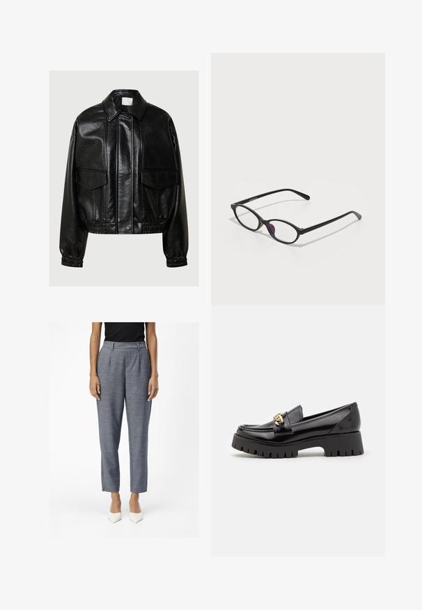 Musta keinonahkainen takki, jossa on terävä kaulus, etutaskut, elastiset hihansuut ja joustava helma harmaalla taustalla.; Valkoinen lyhythihainen bodysuit, joka on valmistettu sileästä, venyvästä kankaasta. Varustettu pyöreällä kaula-aukolla ja thong-takasuunnittelulla. Minimalistinen ja vartalonmyötäinen.; Harmaat muotoutuvat housut, joissa on teksturoitu pinta, korkea vyötärö, sivutaskut ja kapeat, lyhyet lahkeet. Valkoiset teräväkärkiset korkokengät viimeistelevät asun.; Musta lakatun nahka loaferit paksulla, sahalaitaisella mustalla pohjalla ja kultaisella varusteella edessä. Suoraviivainen pinta, klassinen muotoilu.; Musta muovinen silmälasi, jossa on soikea muoto, läpinäkyvät linssit ja yksi violetti korostus vasemmassa linssissä. Tyylikäs, minimalistinen muotoilu.
