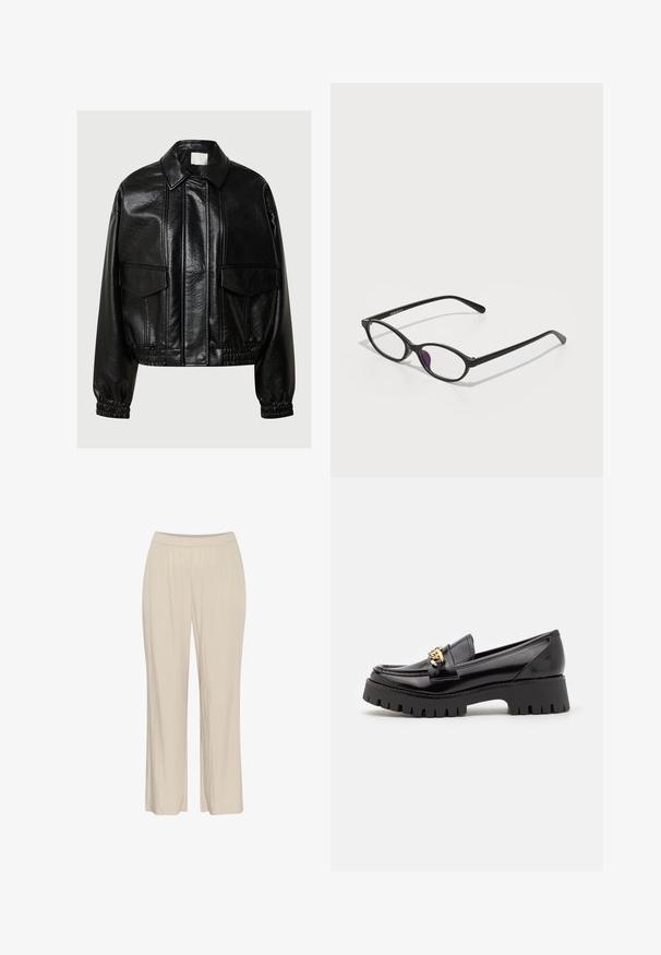 Giacca in finta pelle nera con colletto a punta, tasche anteriori con pattina, polsini elastici e orlo elasticizzato su uno sfondo grigio.; Body bianco a maniche corte realizzato in tessuto liscio ed elastico. Presenta un collo rotondo e una scollatura a perizoma. Minimalista e aderente.; Pantaloni beige leggeri a gamba larga realizzati in un tessuto testurizzato, con una vita elastica e senza chiusure visibili.; Mocassini in pelle verniciata nera con suola nera spessa e seghettata e un dettaglio in metallo dorato sulla parte anteriore. Texture liscia, design classico.; Occhiali da vista in plastica nera dalla forma ovale, con lenti trasparenti e un accento viola sulla lente sinistra. Design elegante e minimal.; Borsa a spalla in pelle nera con una forma morbida e dettagli sulle cuciture. Il modello indossa una camicia a righe rosa e bianche con jeans a gamba larga blu.