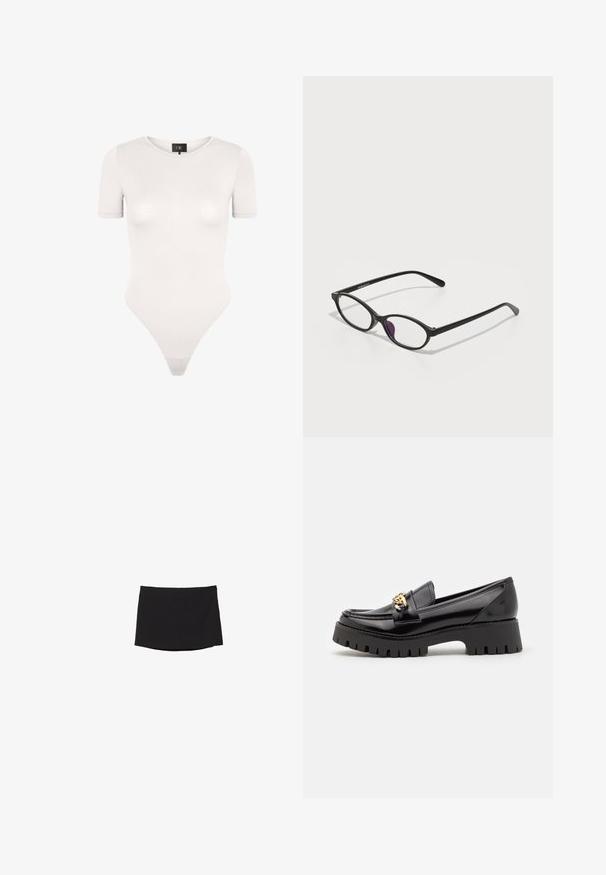 Czarna kurtka z sztucznej skóry z ostrym kołnierzem, przednimi kieszeniami z klapami, elastycznymi mankietami i elastycznym dołem na szarym tle.; Biały bodysuit z krótkim rękawem, wykonany z gładkiego, elastycznego materiału. Posiada okrągły dekolt oraz krój na stringi z tyłu. Minimalistyczny i dopasowany do sylwetki.; Czarna mini spódnica wykonana z gładkiego, elastycznego materiału; ma prosty krój z subtelnym dołem i bez widocznych zapięć czy wzorów.; Czarne lakierowane loafersy z grubą, ząbkowaną czarną podeszwą oraz złotymi akcentami na przodzie. Gładka faktura, klasyczny design.; Czarne plastikowe okulary w owalnym kształcie, z przezroczystymi soczewkami i jednym fioletowym akcentem na lewym szkle. Elegancki, minimalistyczny design.