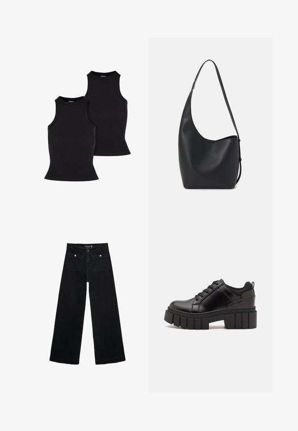 Čierna umelá kožená bunda s špicatým golierom, prednými vreckami na klopu, elastickými manžetami a elastickým lemom na šedom pozadí.; Čierne rebrované tielka s priliehavým strihom a vysokým golierom, bez rukávov. Textúra vyzerá elasticky a hladko, s jednoduchou siluetou.; Čierne široké nohavice s vysokým pásom, s dvoma prednými vreckami a kovovými detailmi na gombíku. Tkanina má hladkú textúru.; Čierne kožené platformy s masívnym blokovým podpätkom, okrúhlou špičkou a tradičným šnurovaním. Má hladký povrch a minimálne detaily.; Čierna kožená hobo taška so hladkou textúrou, zakriveným tvarom a jedným nastaviteľným popruhom; má široké otvorenie na vrchu.