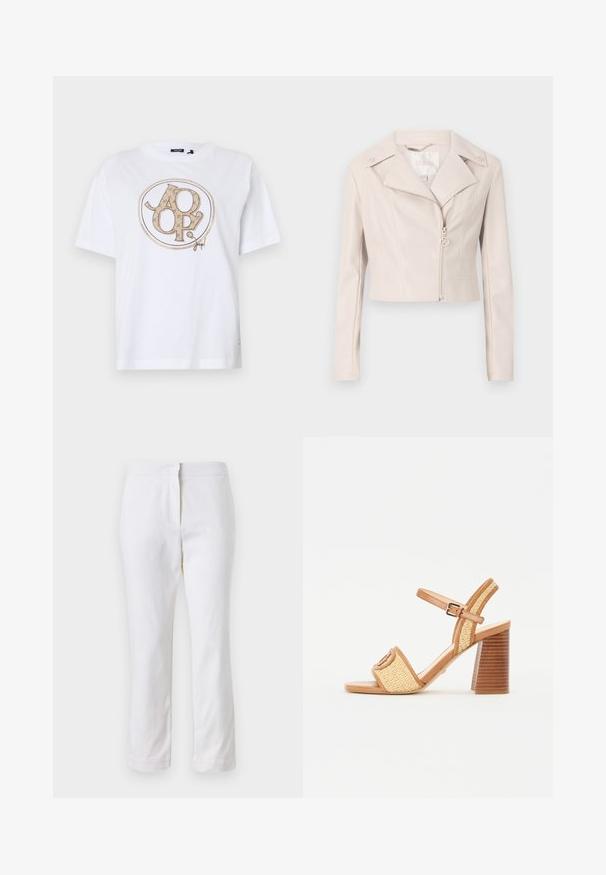 Jachetă scurtă din piele ecologică bej deschis, cu rever tăiat, închidere cu fermoar și butoane decorative pe umeri. Prezintă un luciu subtil.; Tricou alb cu mânecă scurtă, având un design de logo rotund cu accente de culoare bej deschis. Fabricat din țesătură de bumbac, cu o croială lejeră.; Pantaloni din bumbac alb, cu un design drept, având talie medie și fără hardware sau modele vizibile. Textură uniformă pe întreaga suprafață.; Sandale cu toc din piele maro și paie împletite, având curea la gleznă, vârf deschis și un toc gros, asemănător lemnului, cu dungi orizontale.