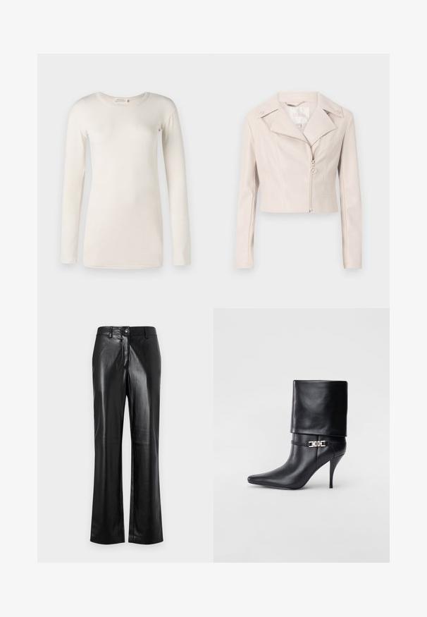 Jachetă scurtă din piele ecologică bej deschis, cu rever tăiat, închidere cu fermoar și butoane decorative pe umeri. Prezintă un luciu subtil.; Cămașă din bumbac crem, cu mânecă lungă, cu decolteu rotund, textură moale și croială dreaptă. Fără modele sau desene vizibile.; Pantaloni din piele neagră cu un design drept, având închidere frontală cu nasture, tivuri pentru curea și o textură netedă, lucioasă.; Botine negre din piele, cu vârf ascuțit, toc înalt și subțire, cu manșetă pliată și un detaliu decorativ cu cataramă aurie la gleznă.