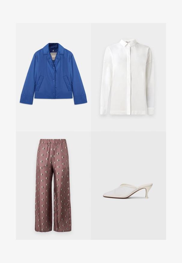 Sininen pehmustettu takki, jossa on kauluspääntie, etuneppari ja kaksi sivutaskua. Ominaisuuksiin kuuluu sileä pinta ja lyhyt muoto.; Valkoinen pitkähihaiset paita, jossa on nappien kanssa kiinnitettävä kaulus, sileä pinta, suora leikkaus ja piilotettu nappilista. Pehmeää, kevyttä kangasta ilman kuvioita.; MM BOA - Housut - mauve; Valkoinen verkkokangas teräväkärkinen mulu, jossa on ohut keskipituinen korko ja liukupohjainen muotoilu yksinkertaista taustaa vasten.