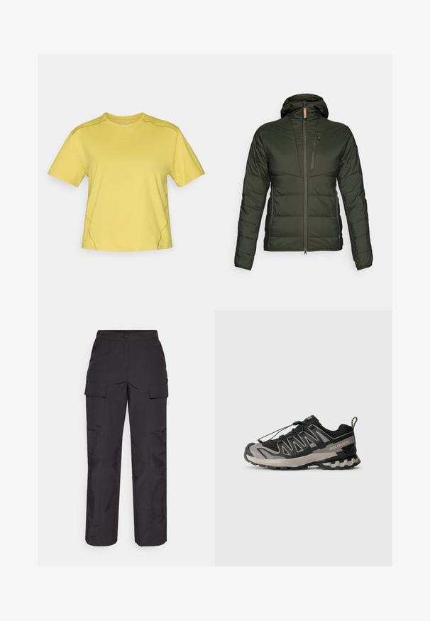 Polstret grønn jakke med hette, glidelås foran og en slim fit design. Har horisontal søm og et lite logoemblem på ermet.; Gul kortermet T-skjorte laget av myk stoff. Har rund hals og diskrete sømdetaljer langs sidene og skuldrene.; Svart cargo-bukser laget av slitesterkt stoff, med flere sidelommer, knappelukking og en løs passform med rette ben.; Svart og grå atletisk sko med mesh-overdel, gummisåle og elastisk snøresystem. Har forsterket tå og teksturerte detaljer.