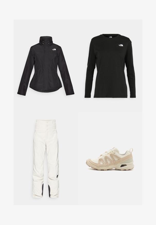 Svart vanntett jakke med høy krage, to frontlommer med glidelås og en logo på øvre venstre side. Har et innsnørt livdesign.; Svart langermet T-skjorte laget av bomull med rund hals. Har en liten hvit logo på venstre brystområde. Enkelt design og passform.; Hvite snibukser med høy, samlet midje, to frontlommer og svarte detaljer ved sømmene. Laget av et glat og værbestandig materiale.; Beige og krem joggesko med teksturert mesh-overdel, støttende overlegg og gummisåle med et mønster for godt grep.