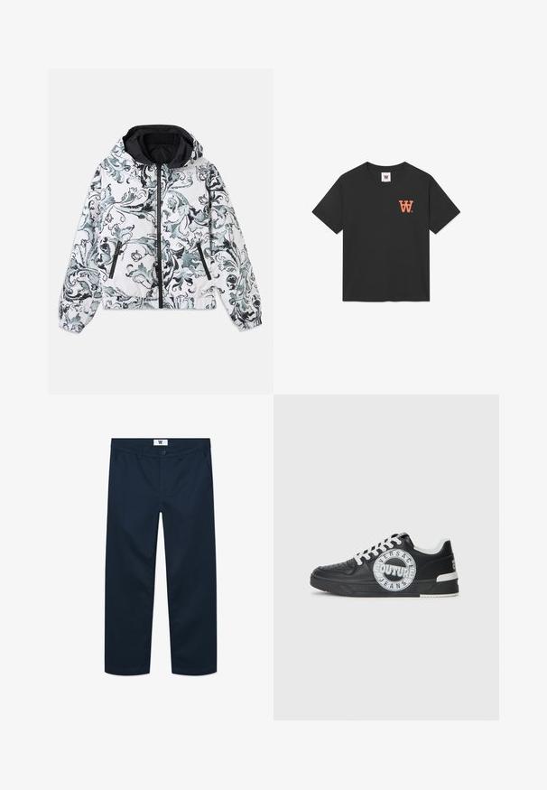 Hooded balta jaka ar melnu un pelēku florālo baroka rakstu, priekšējais rāvējslēdzis, rāvējslēdzēja sānu kabatas, kā arī elastīgas piedurknes un apakša.; Melnas kokvilnas T-kreklis ar īsām piedurknēm, apaļu kakla izgriezumu un oranžu "W" logo kreisajā krūtī. Mīksta, gluda tekstūra.; Tumši zili kokvilnas chinosi ar taisnu griezumu, aprīkoti ar priekšējo pogu aizdari, divām sānu kabatām un minimālistisku dizainu.; Melnas ādas sporta kurpes ar baltām akcentiem, apaļu logo detaļu, perforētu purngali un kontrastējošu zoli. Iekļautas baltas šņorītes un zīmols.