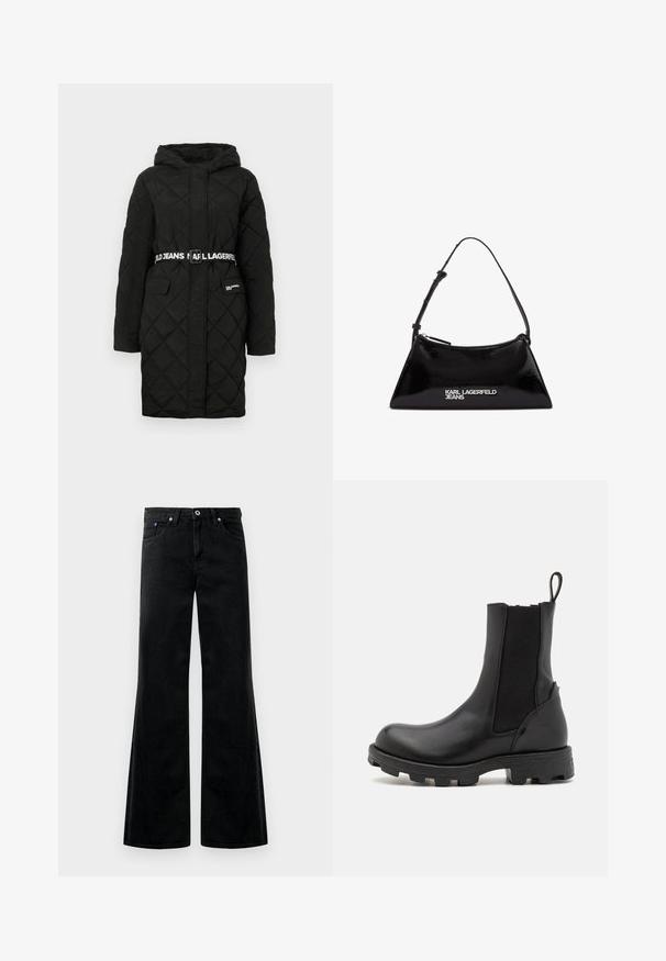 Crni kaput s kvadratnim uzorkom i kapuljačom, s remenom u struku koji ima logo i dvije prednje džepove. Glatka tekstura i dugi rukavi.; Crna pamučna majica s okruglim izrezom, koja na prednjoj strani ima plavi pravokutni grafički logo s natpisom "KARL LAGERFELD JEANS".; Crne traper hlače s odličnim nogavicama, visoki struk, dizajn s pet džepova i vidljive šavove. Glatka tekstura s laganim sjajem.; Diesel D-HAMMER CH W - Gležnjače s platformom - black; Crna torba od lakirane kože u trokuta, s gornjim patentnim zatvaračem i podesivim remenom. Logo "KARL LAGERFELD JEANS" u srebrnoj boji.